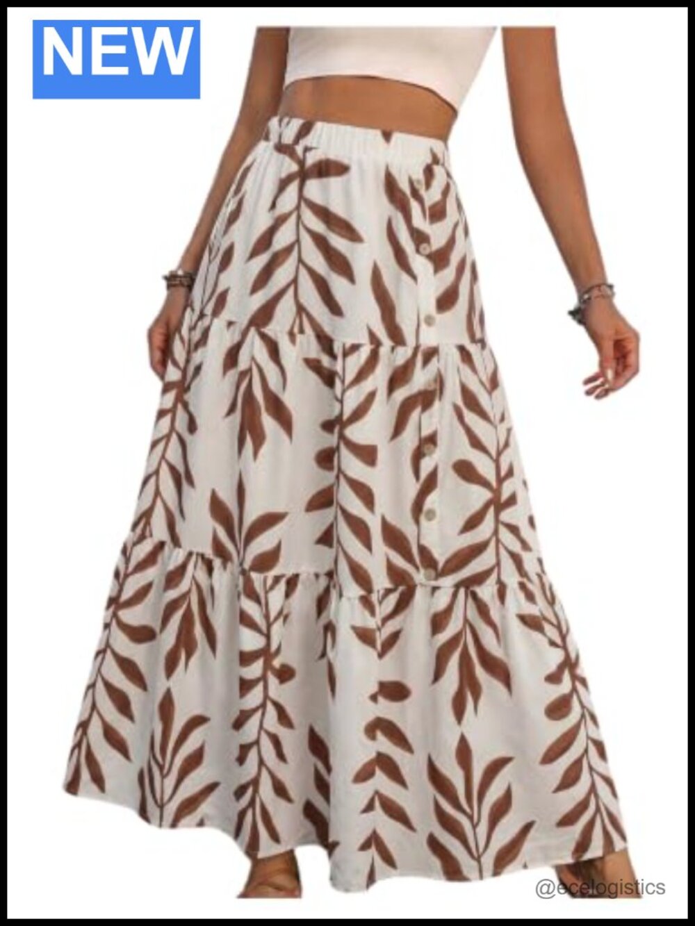 Boho Tropical Leaf Print A Line Long Skirt Side Button Vacation Outfit